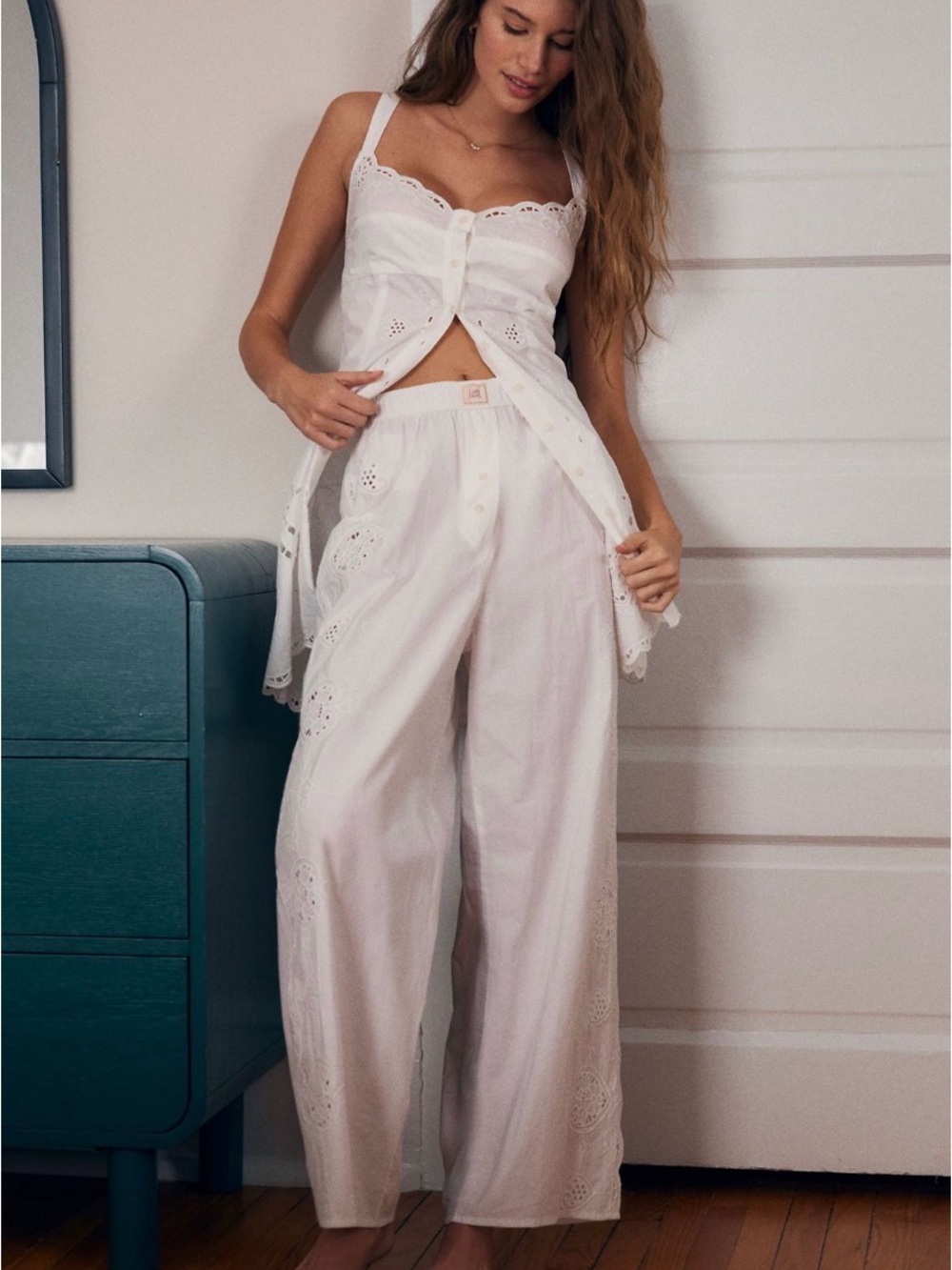 Anthropologie White Eyelet Button-Front tunic with matching pants